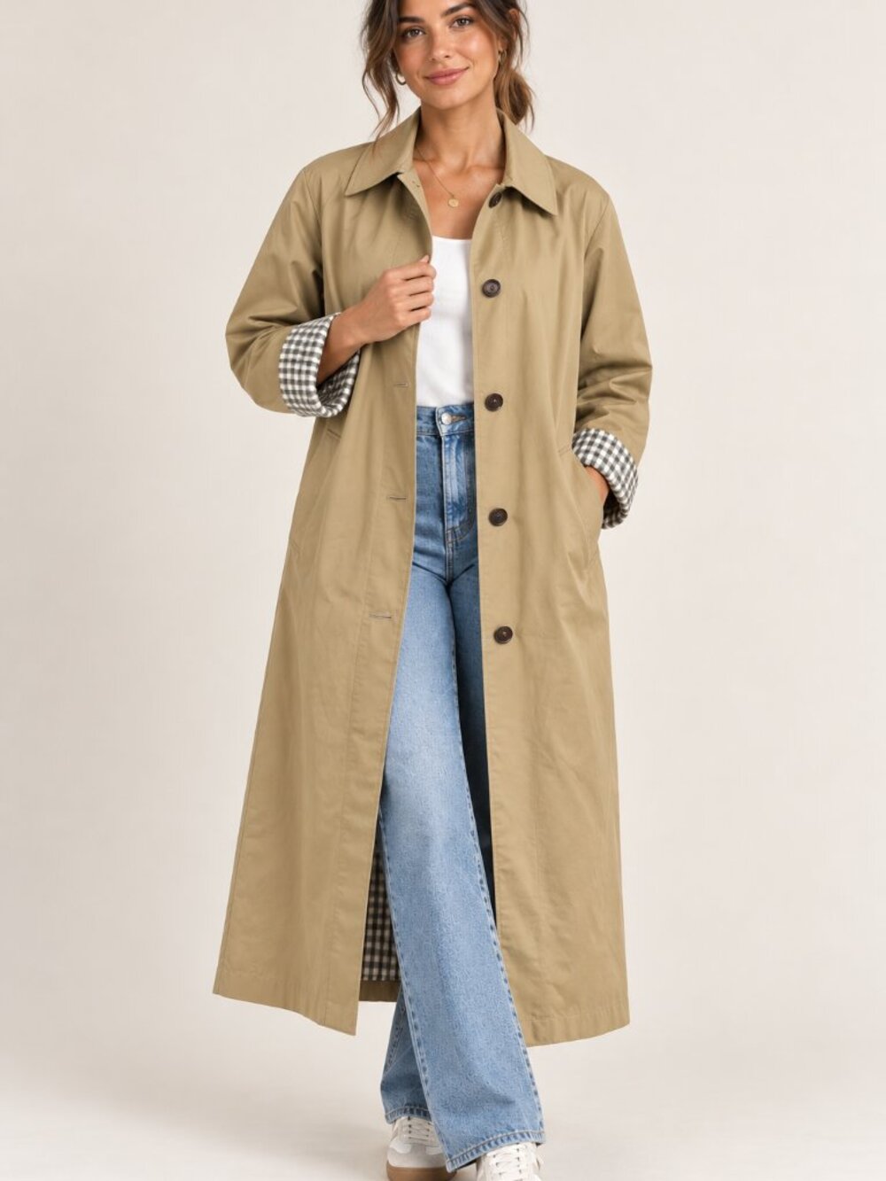 Universal Threads Long Trench Coat Khaki Green and White Plaid Lining Medium
